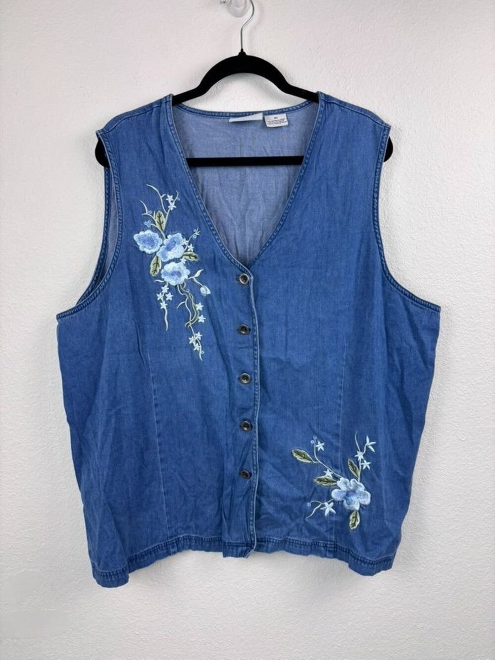 Women's 3X vintage denim vest floral embroidered cottagecore prairie casual